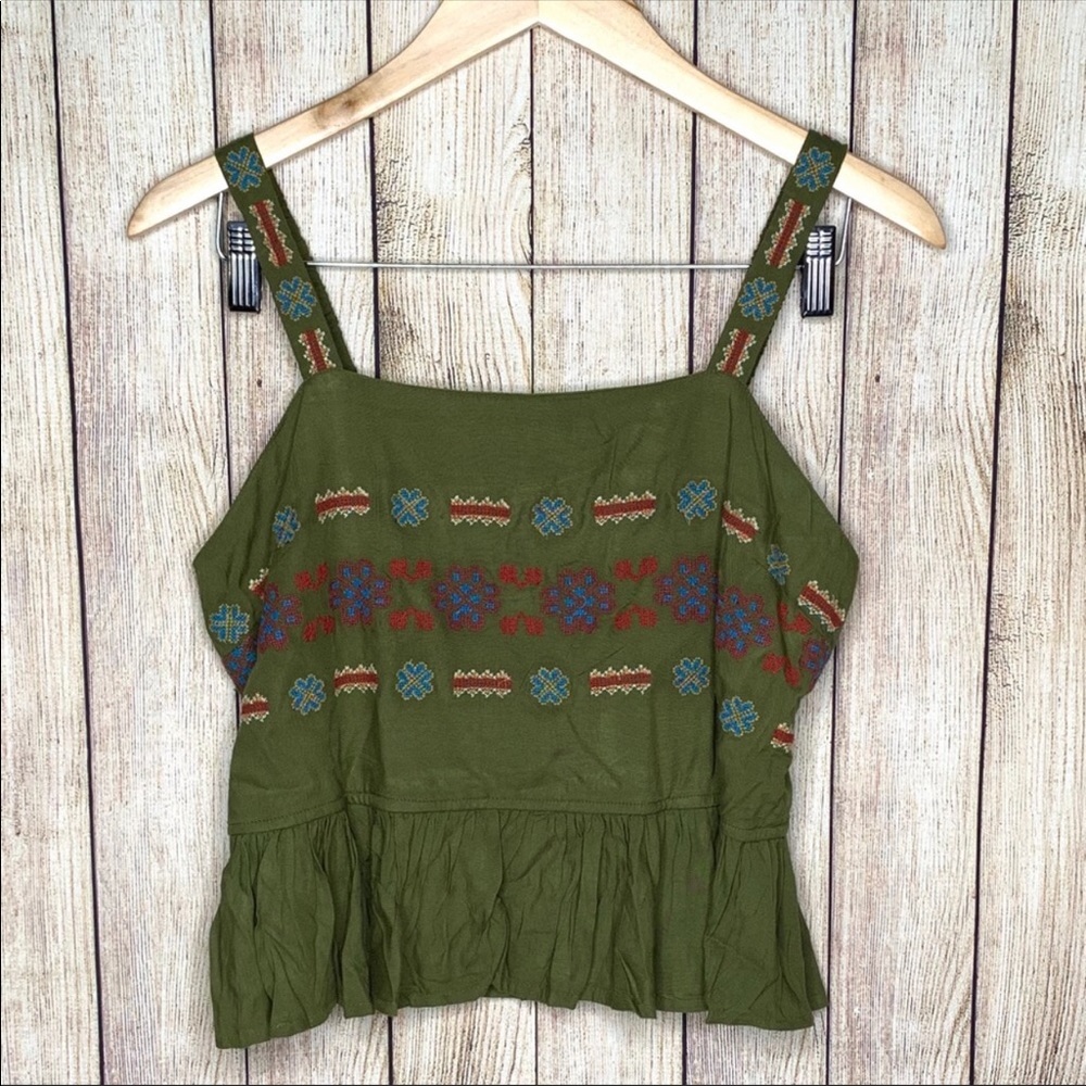 Olive Green Embroidered Crop Top